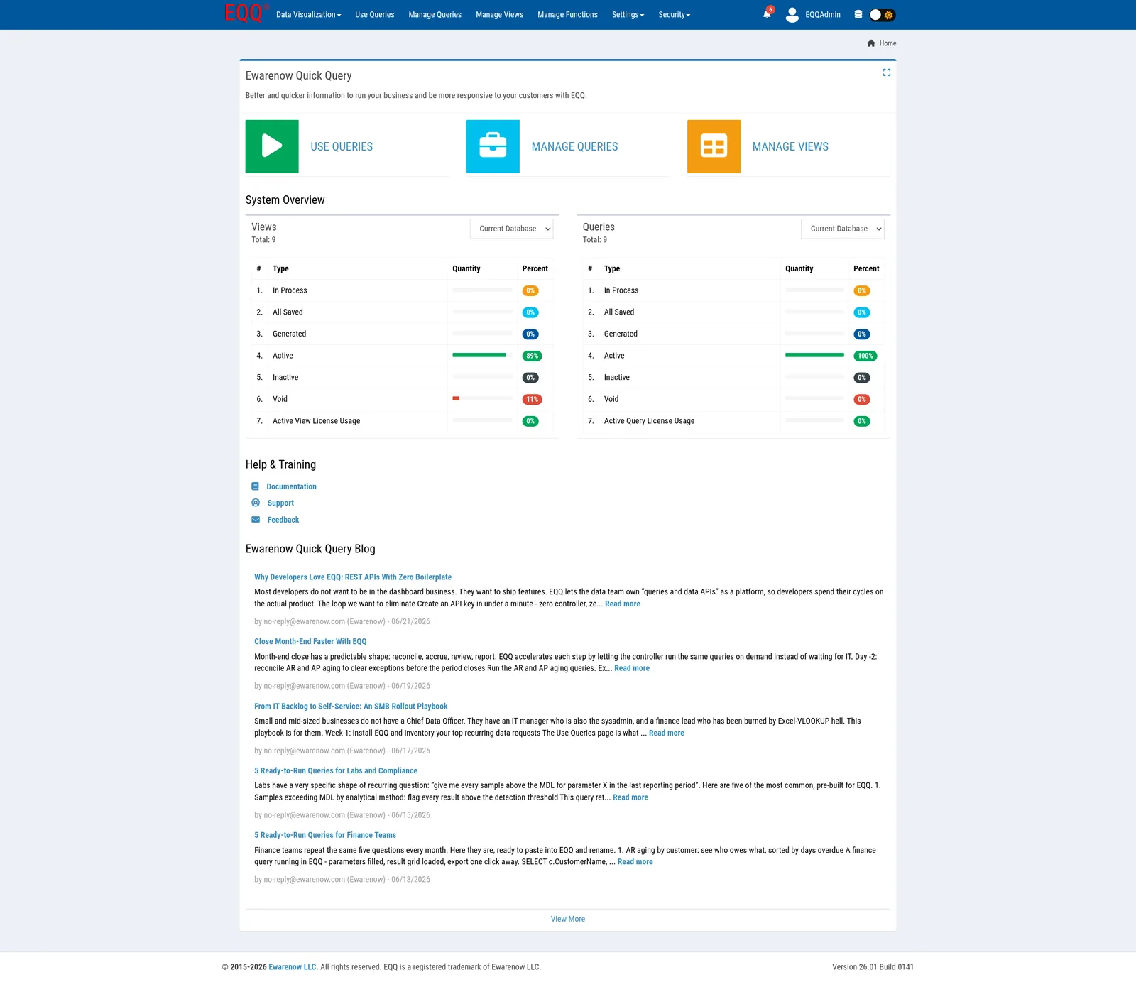 EQQ-Triangle home dashboard showing views, queries, and license usage at a glance