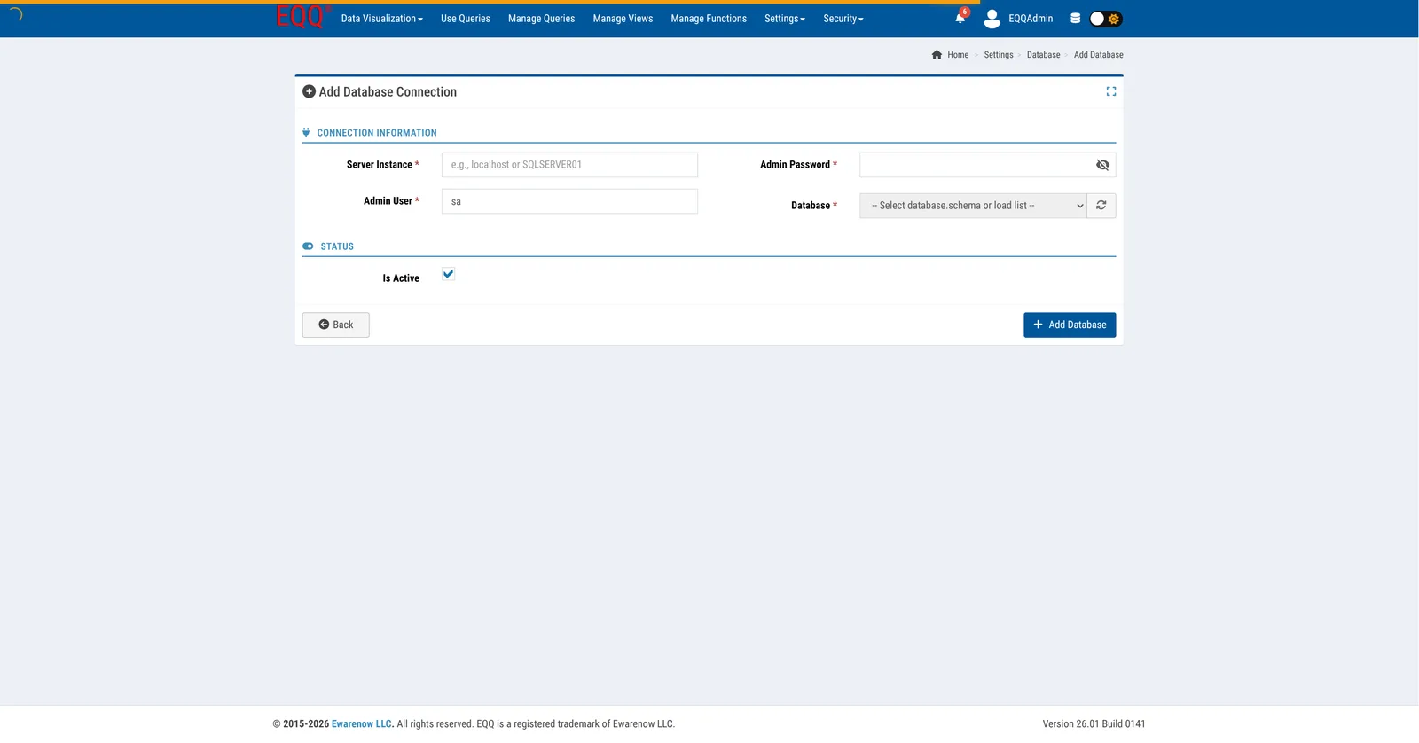 EQQ-Triangle add database connection screen for PostgreSQL, MySQL, or MS SQL