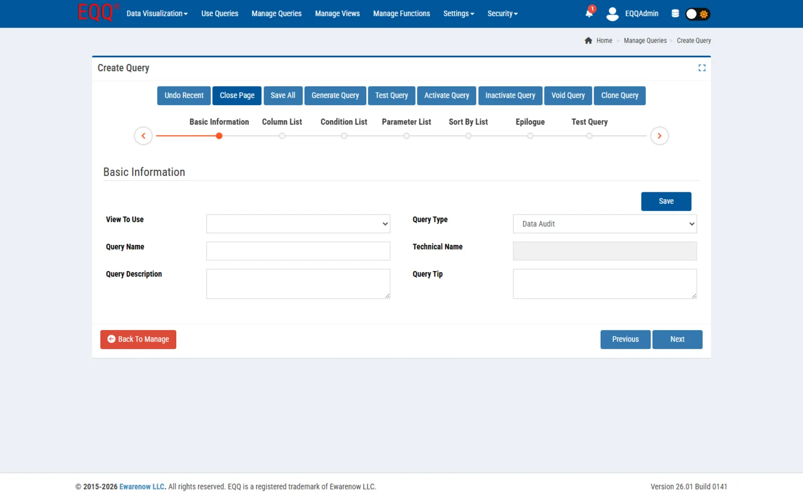 EQQ-Triangle query builder wizard for creating a new query with no SQL